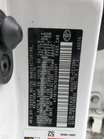 4T1B11HK7KU246861 2019 TOYOTA CAMRY photo no. 12