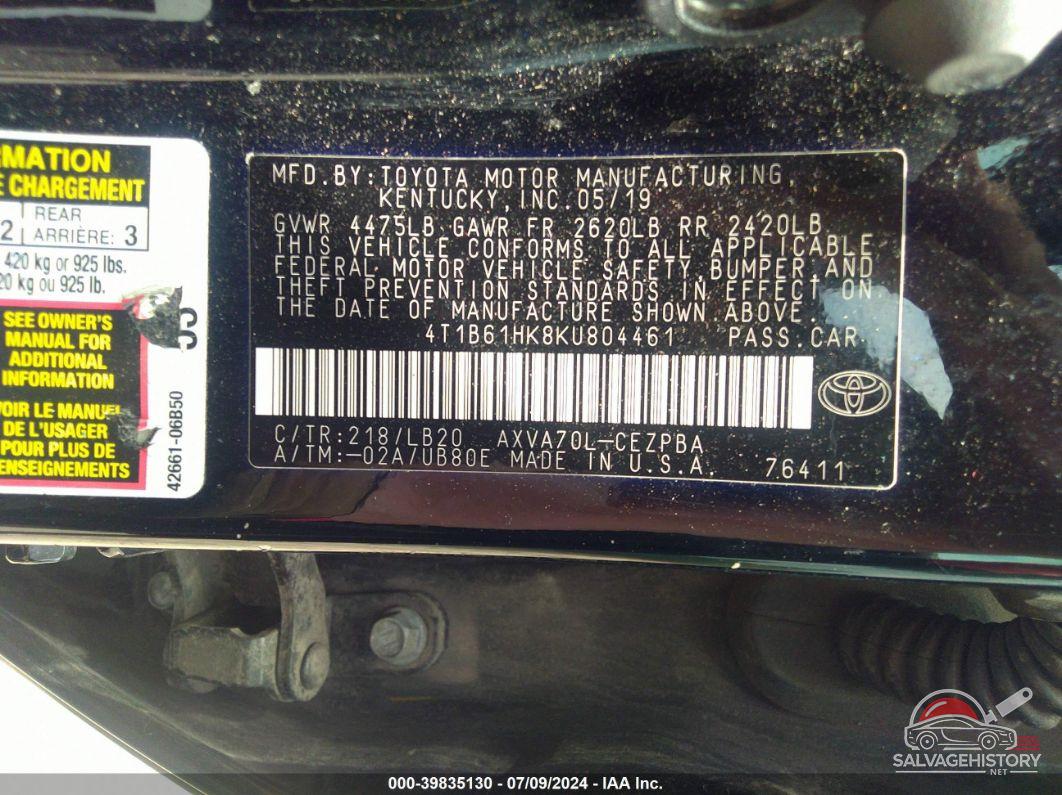 4T1B61HK8KU804461 2019 TOYOTA CAMRY photo no. 9