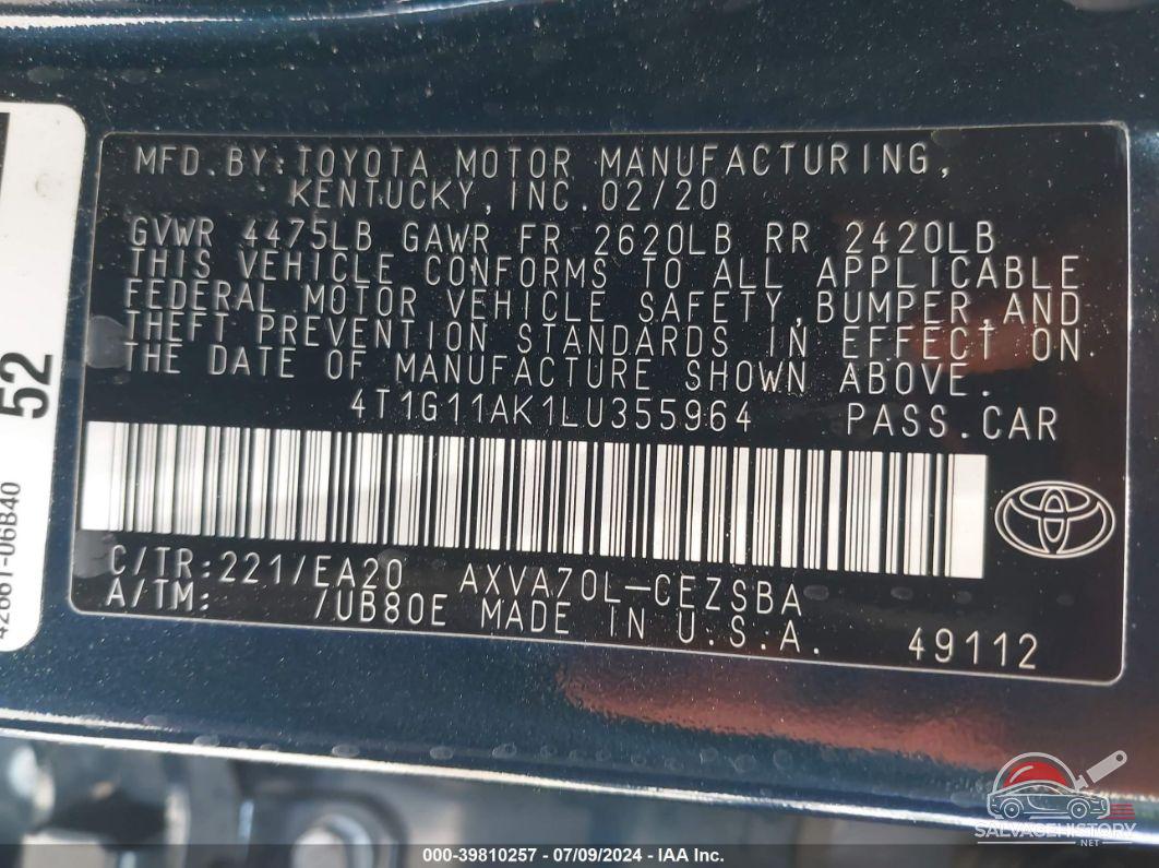4T1G11AK1LU355964 2020 TOYOTA CAMRY photo no. 9