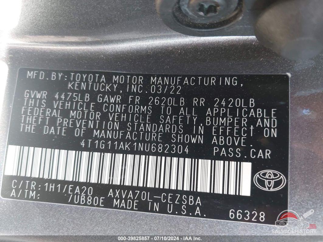 4T1G11AK1NU682304 2022 TOYOTA CAMRY photo no. 9