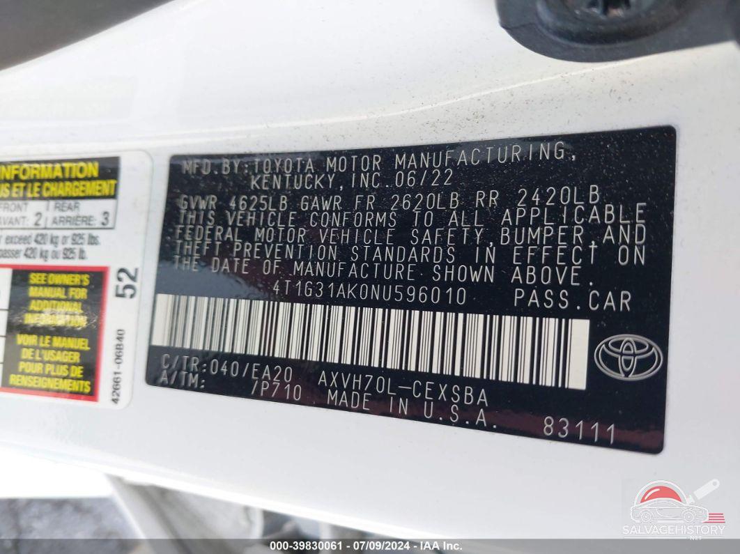 4T1G31AK0NU596010 2022 TOYOTA CAMRY photo no. 9