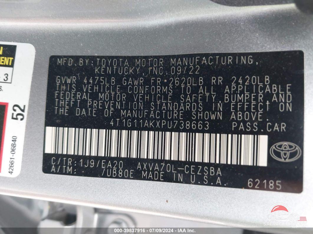 4T1G11AKXPU738663 2023 TOYOTA CAMRY photo no. 9