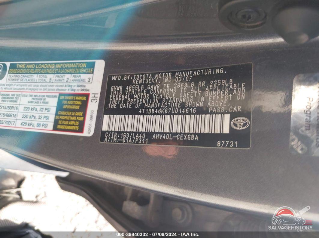 4T1BB46K67U014616 2007 TOYOTA CAMRY HYBRID photo no. 9