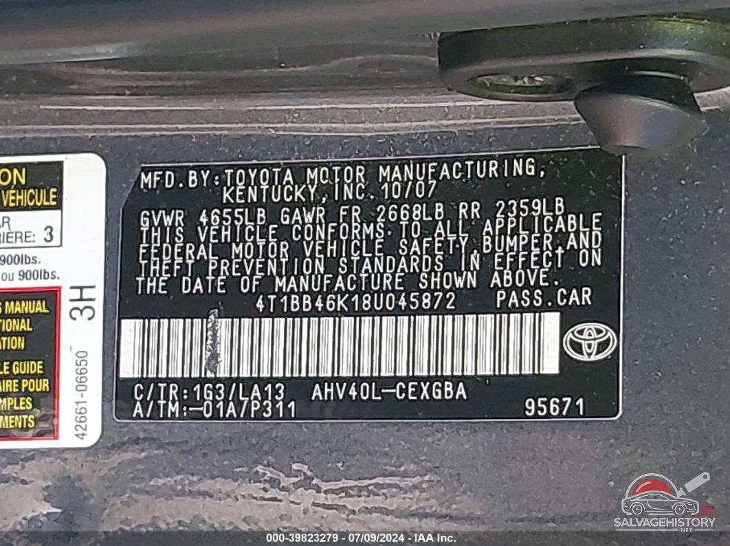 4T1BB46K18U045872 2008 TOYOTA CAMRY HYBRID photo no. 9