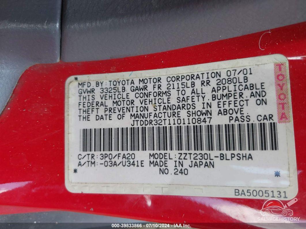 JTDDR32T110110847 2001 TOYOTA CELICA photo no. 9