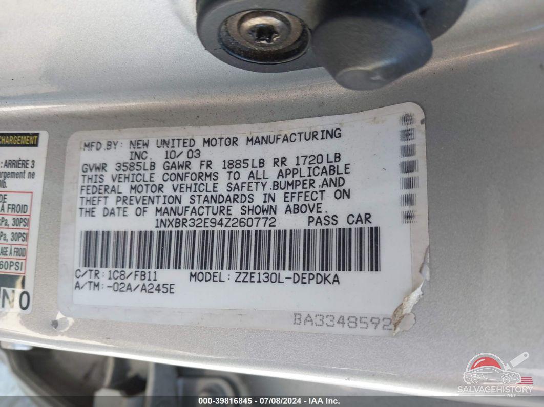 1NXBR32E94Z260772 2004 TOYOTA COROLLA photo no. 8