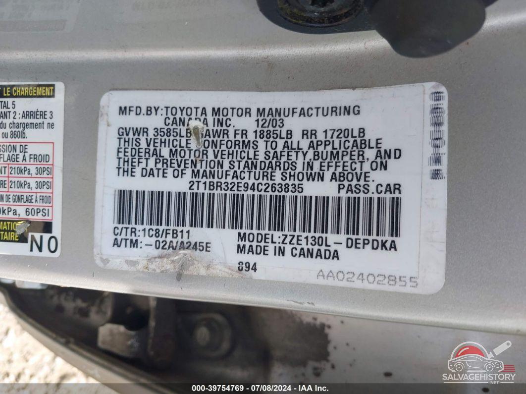 2T1BR32E94C263835 2004 TOYOTA COROLLA photo no. 9