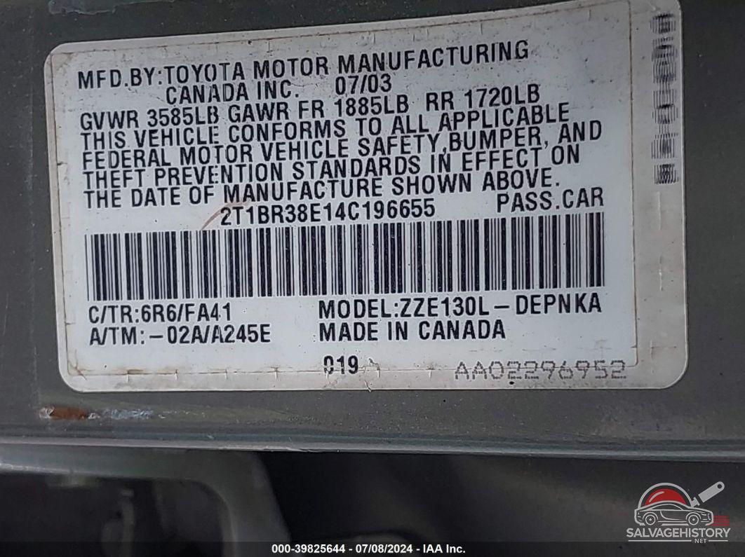 2T1BR38E14C196655 2004 TOYOTA COROLLA photo no. 9