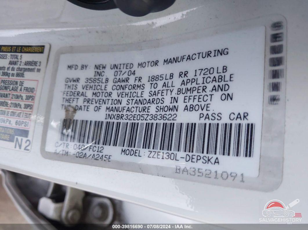 1NXBR32E05Z383622 2005 TOYOTA COROLLA photo no. 9