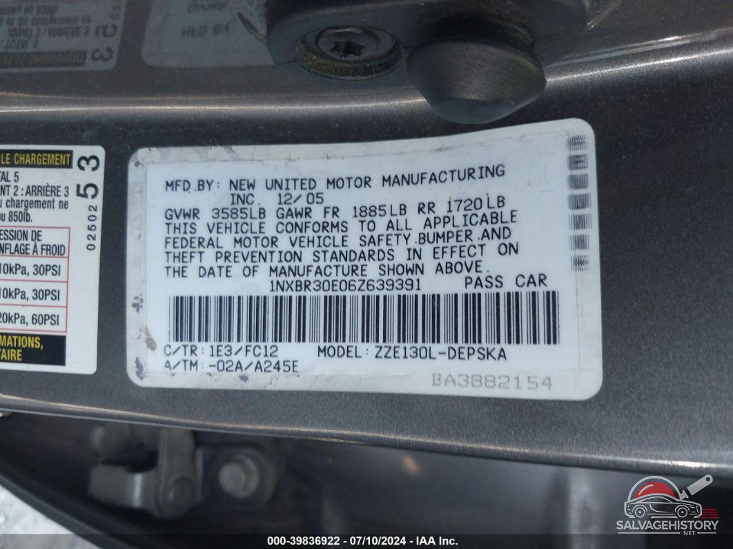 1NXBR30E06Z639391 2006 TOYOTA COROLLA photo no. 9