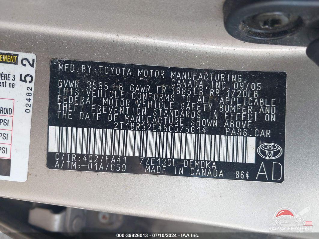 2T1BR32E46C575614 2006 TOYOTA COROLLA photo no. 9
