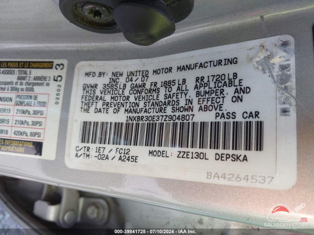 1NXBR30E37Z904807 2007 TOYOTA COROLLA photo no. 9