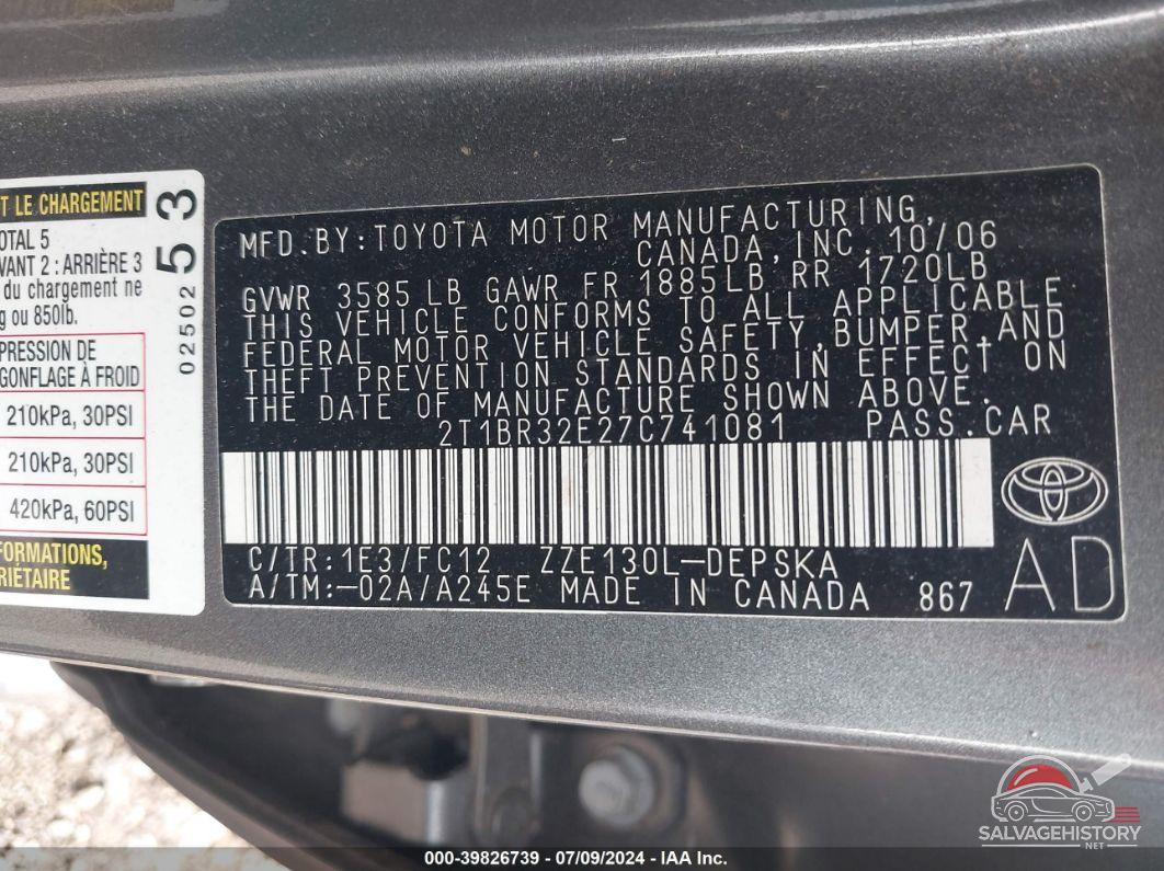 2T1BR32E27C741081 2007 TOYOTA COROLLA photo no. 9