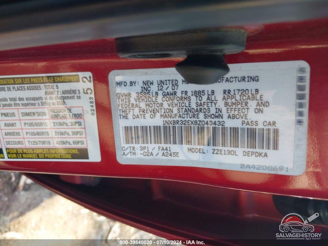 1NXBR32EX8Z043432 2008 TOYOTA COROLLA photo no. 9