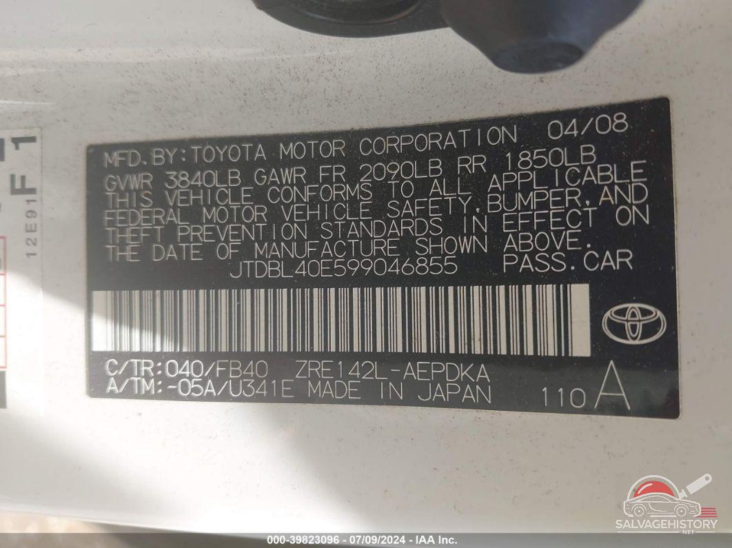 JTDBL40E599046855 2009 TOYOTA COROLLA photo no. 9