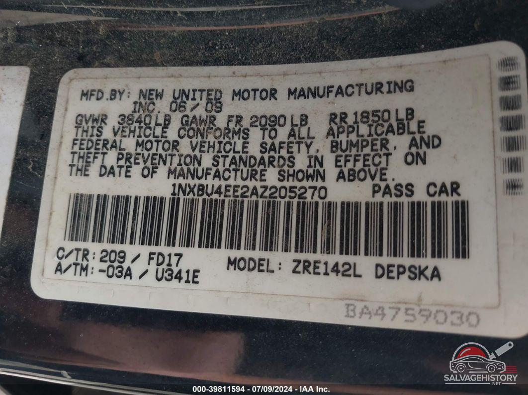 1NXBU4EE2AZ205270 2010 TOYOTA COROLLA photo no. 9