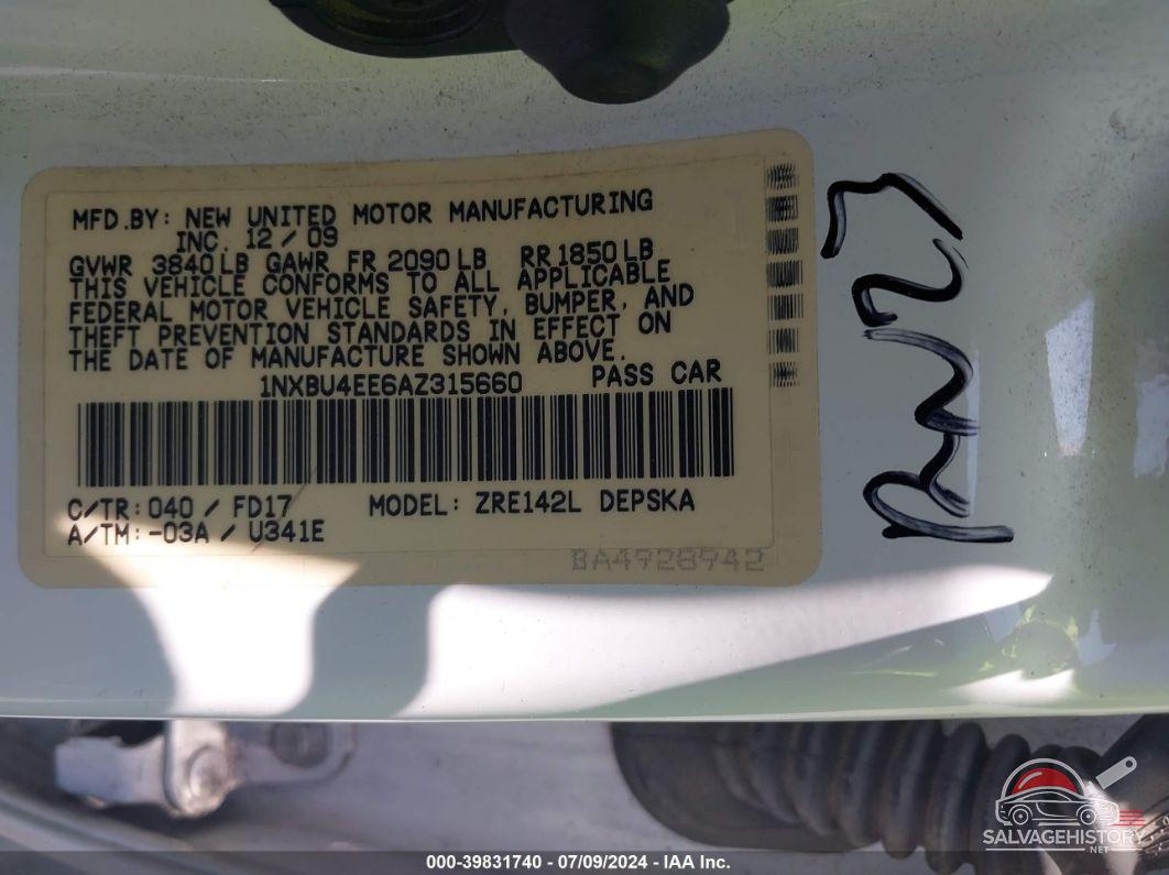 1NXBU4EE6AZ315660 2010 TOYOTA COROLLA photo no. 9