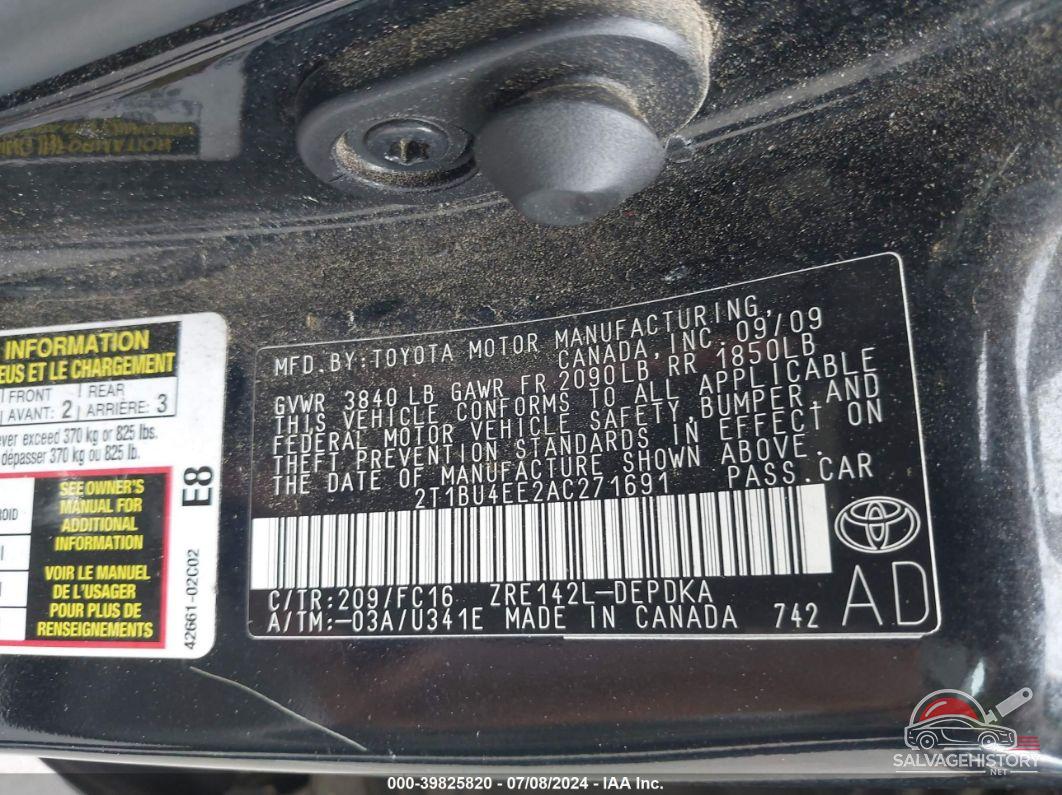 2T1BU4EE2AC271691 2010 TOYOTA COROLLA photo no. 9