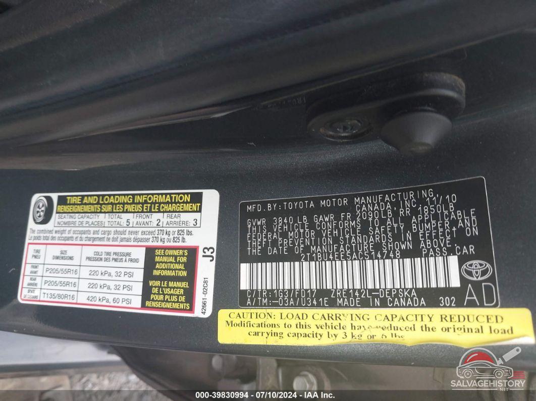 2T1BU4EE5AC514748 2010 TOYOTA COROLLA photo no. 9