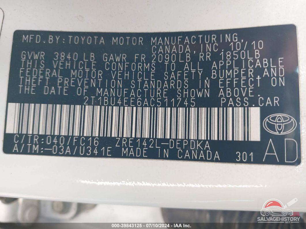 2T1BU4EE6AC511745 2010 TOYOTA COROLLA photo no. 9