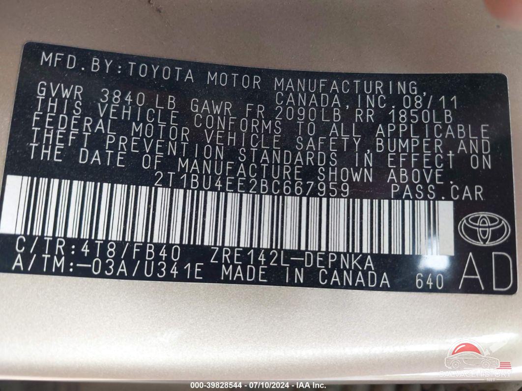 2T1BU4EE2BC667959 2011 TOYOTA COROLLA photo no. 9