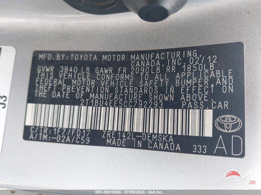2T1BU4EE5CC792293 2012 TOYOTA COROLLA photo no. 9