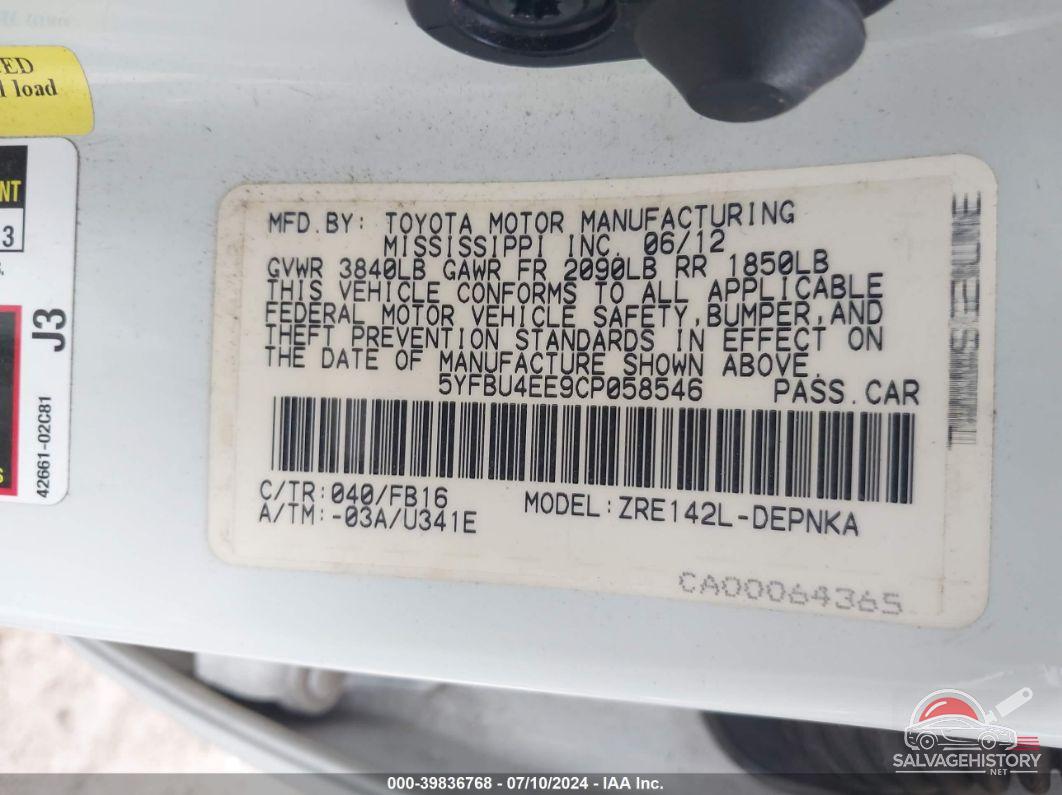 5YFBU4EE9CP058546 2012 TOYOTA COROLLA photo no. 9