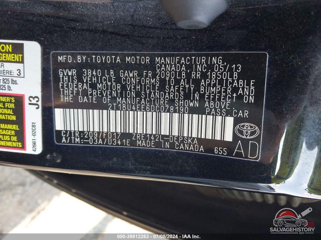 2T1BU4EE6DC078190 2013 TOYOTA COROLLA photo no. 9