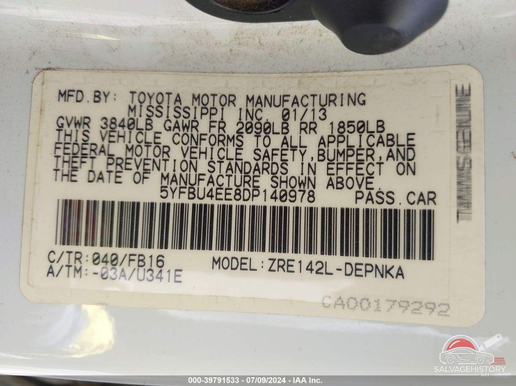 5YFBU4EE8DP140978 2013 TOYOTA COROLLA photo no. 9