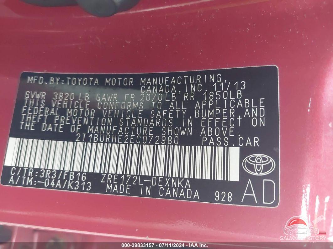 2T1BURHE2EC072980 2014 TOYOTA COROLLA photo no. 9