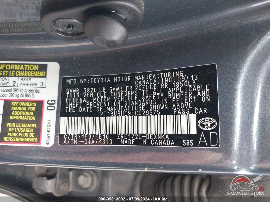 2T1BURHE9EC029575 2014 TOYOTA COROLLA photo no. 9