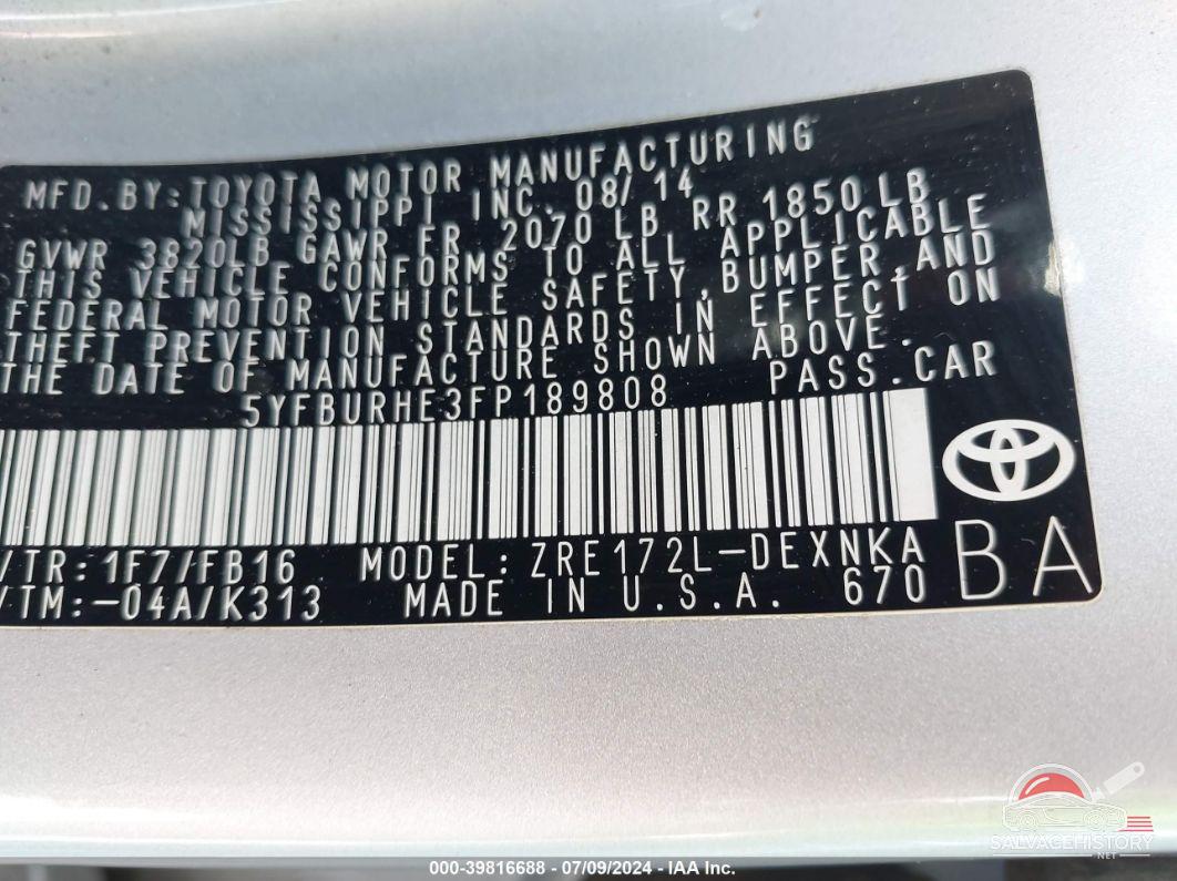 5YFBURHE3FP189808 2015 TOYOTA COROLLA photo no. 9