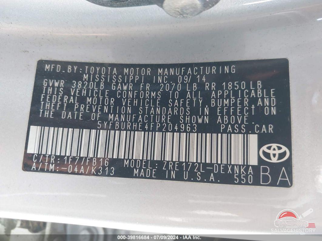 5YFBURHE4FP204963 2015 TOYOTA COROLLA photo no. 9