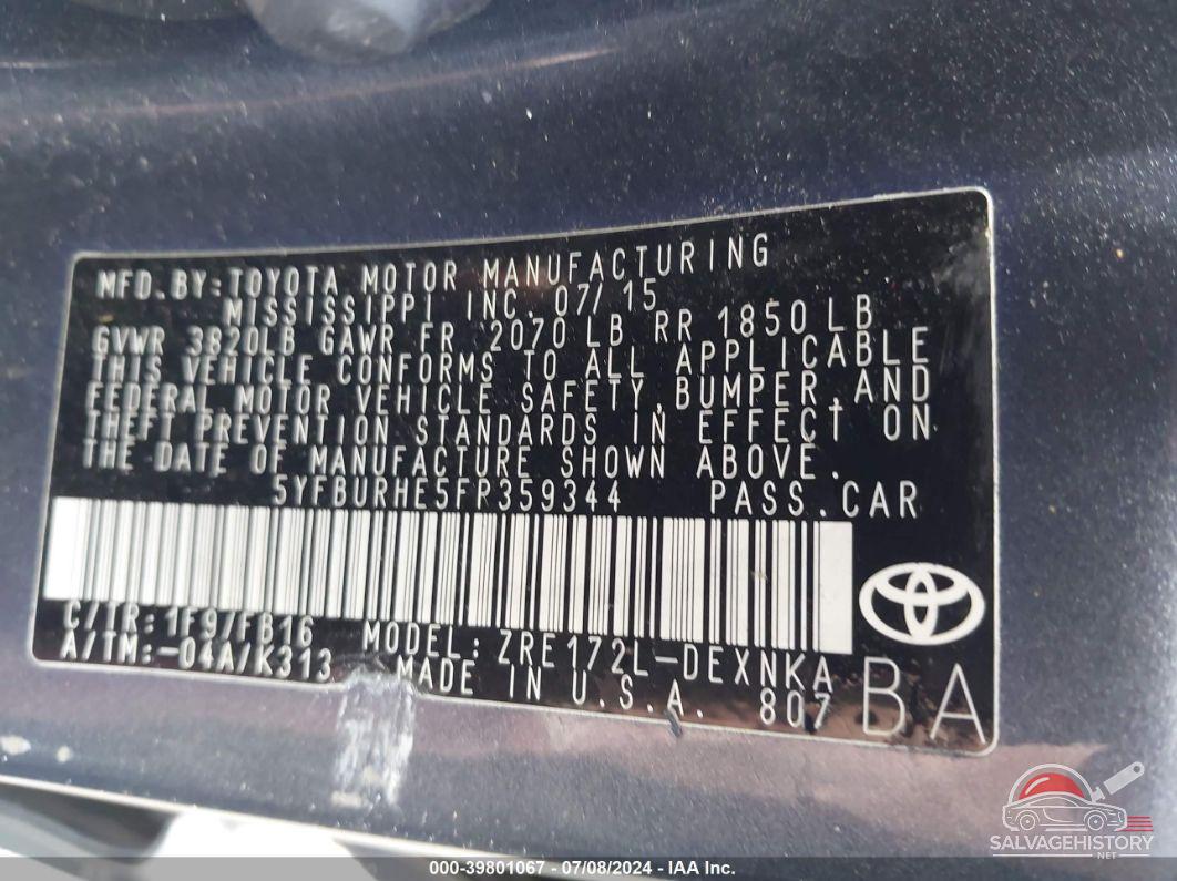 5YFBURHE5FP359344 2015 TOYOTA COROLLA photo no. 9