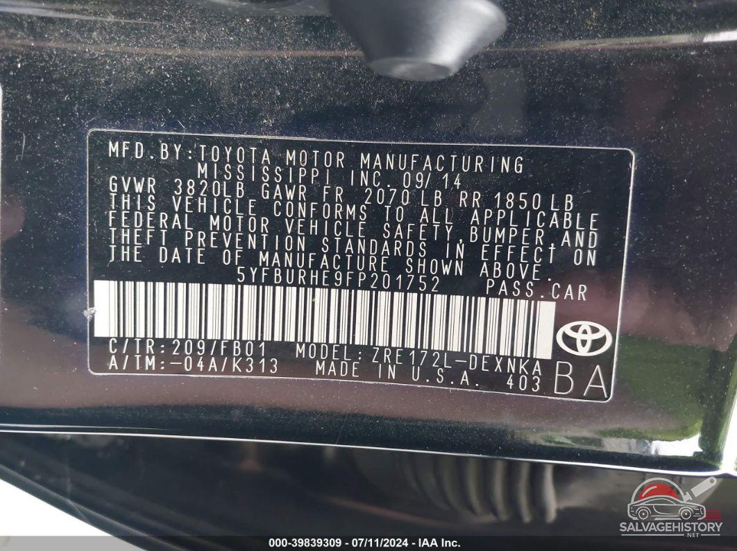 5YFBURHE9FP201752 2015 TOYOTA COROLLA photo no. 9