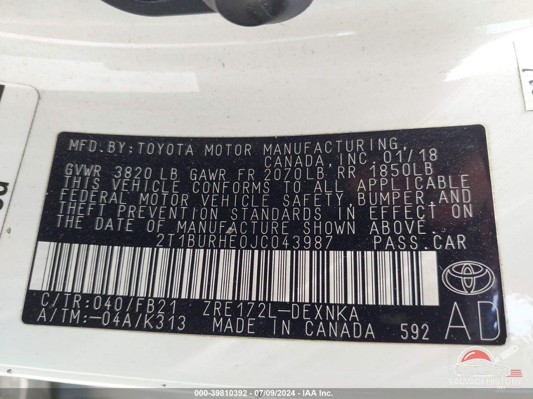 2T1BURHE0JC043987 2018 TOYOTA COROLLA photo no. 9
