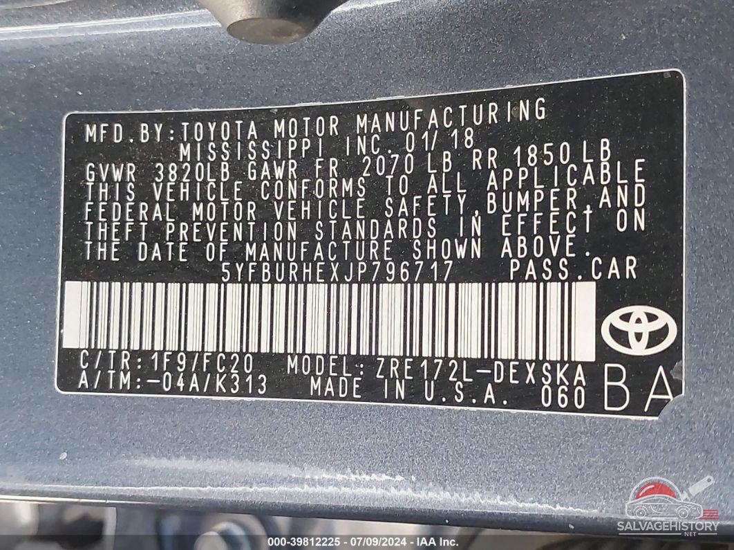 5YFBURHEXJP796717 2018 TOYOTA COROLLA photo no. 9