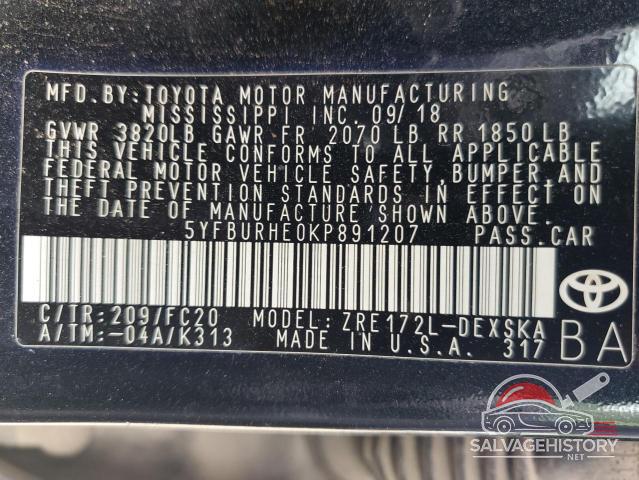 5YFBURHE0KP891207 2019 TOYOTA COROLLA photo no. 13