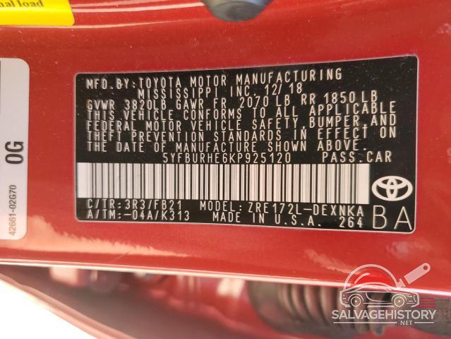 5YFBURHE6KP925120 2019 TOYOTA COROLLA photo no. 12