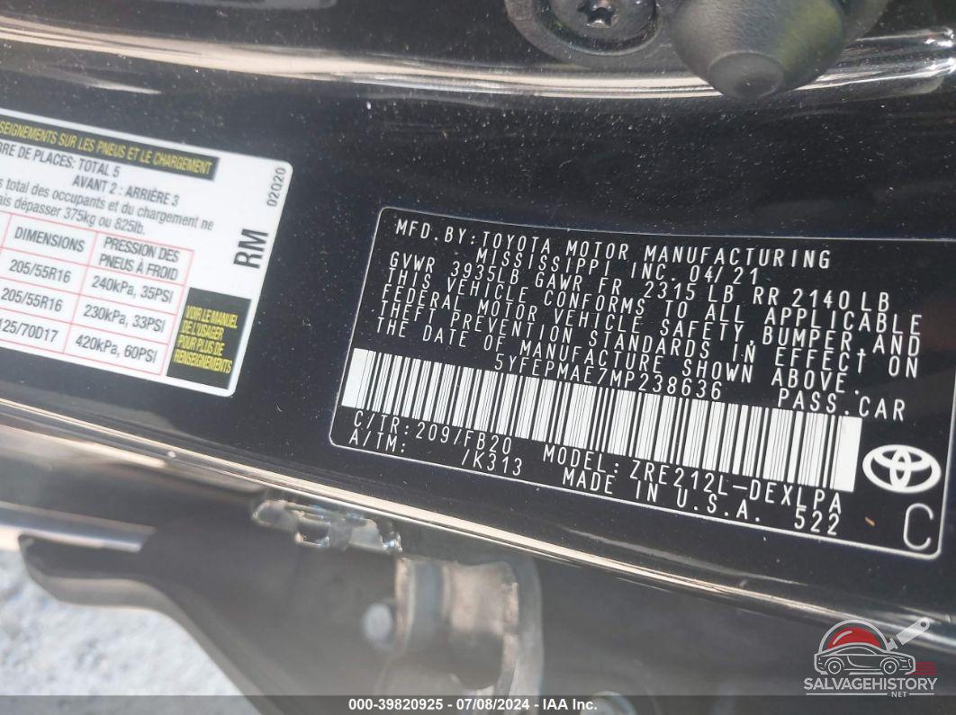 5YFEPMAE7MP238636 2021 TOYOTA COROLLA photo no. 9