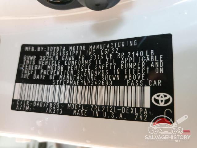 5YFEPMAE1NP342699 2022 TOYOTA COROLLA photo no. 12