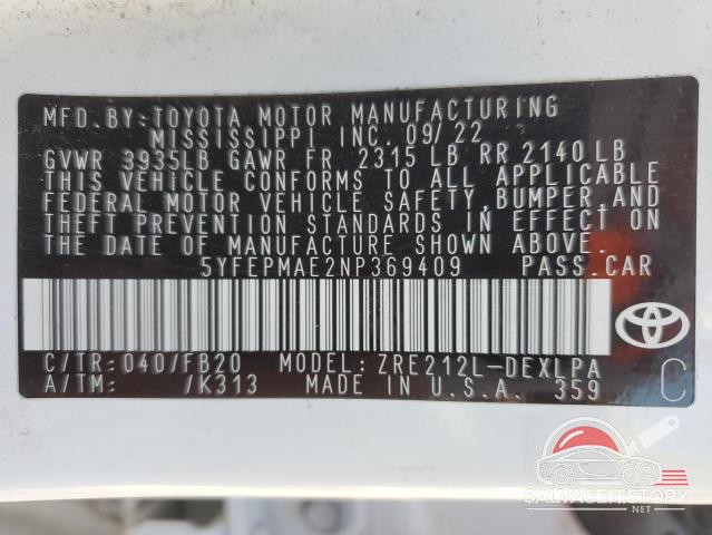 5YFEPMAE2NP369409 2022 TOYOTA COROLLA photo no. 12