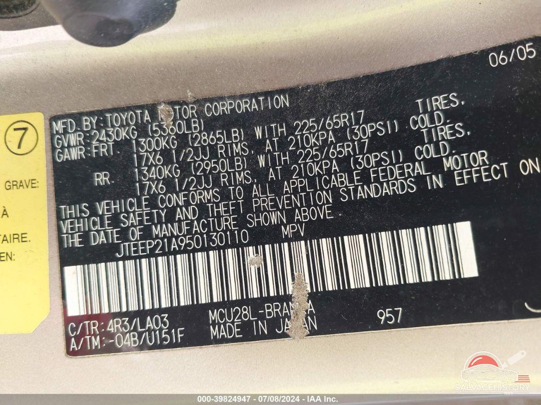 JTEEP21A950130110 2005 TOYOTA HIGHLANDER photo no. 9