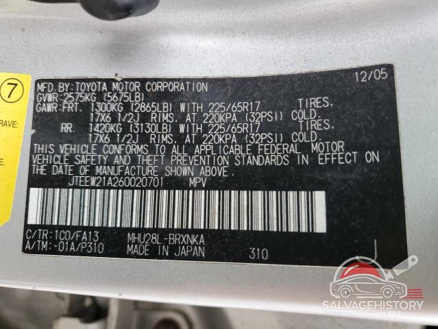 JTEEW21A260020701 2006 TOYOTA HIGHLANDER photo no. 13
