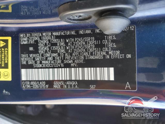 5TDDK3EH2CS132416 2012 TOYOTA HIGHLANDER photo no. 12