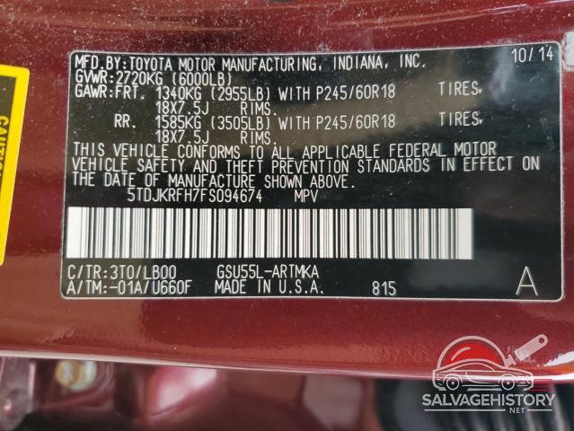 5TDJKRFH7FS094674 2015 TOYOTA HIGHLANDER photo no. 13