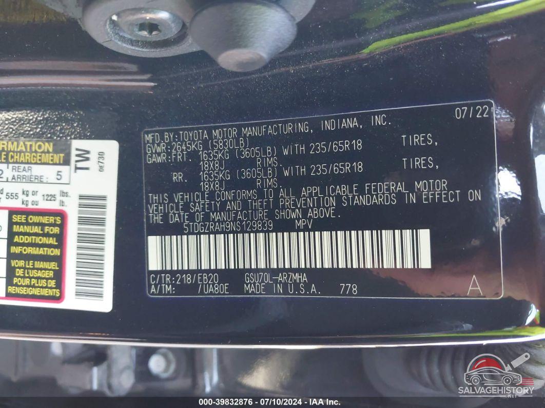 5TDGZRAH9NS129839 2022 TOYOTA HIGHLANDER photo no. 9