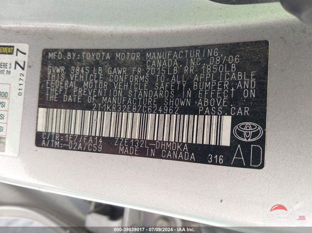 2T1KR32E87C624962 2007 TOYOTA MATRIX photo no. 9