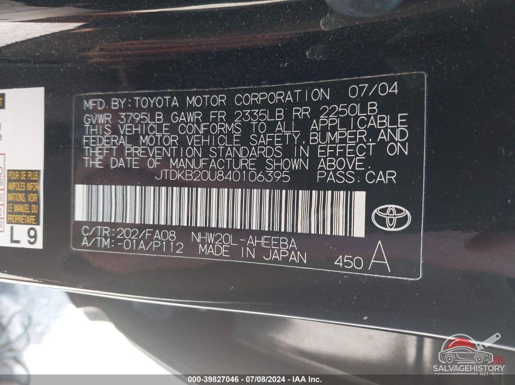 JTDKB20U840106395 2004 TOYOTA PRIUS photo no. 9