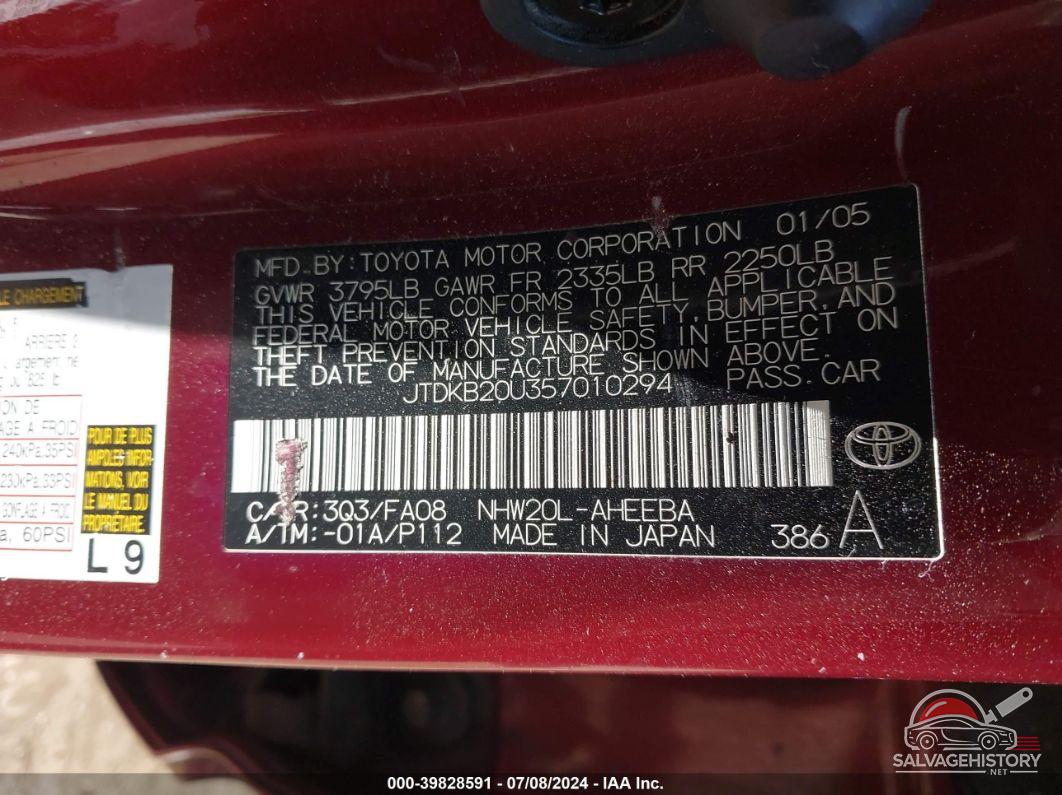 JTDKB20U357010294 2005 TOYOTA PRIUS photo no. 9